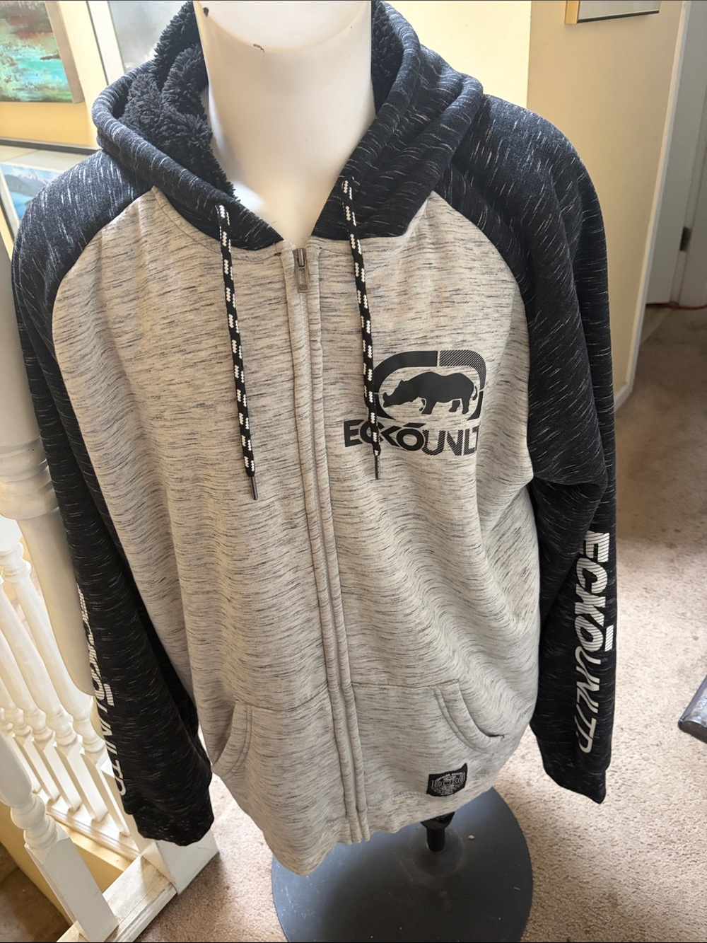 Ecko Unlimited Light Gray and Black Zip-Up Hoodie